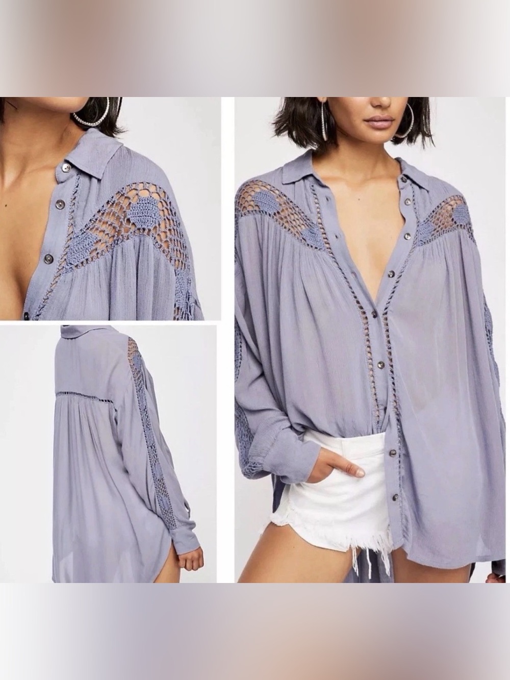 Free People Katie Bird Button Down Crochet Top Shirt Blue Boho Fairy Women’s S